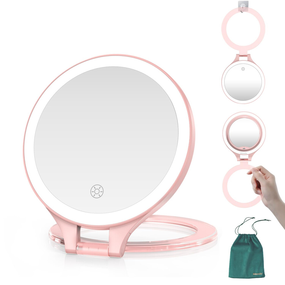 Mocado Travel Makeup Mirror With Light 1X/20X Magnifying Mirror With Light Double Sides Travel Mirror With 3 Color Light Dimmable Touch 1500M