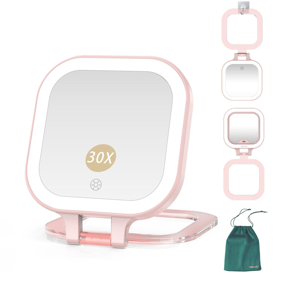 Mocado Light Compact Travel Makeup Mirror 1X/30X Magnifying Mirror With Double Sides Compact Mirror With 3 Color Dimmable Handheld Mirro