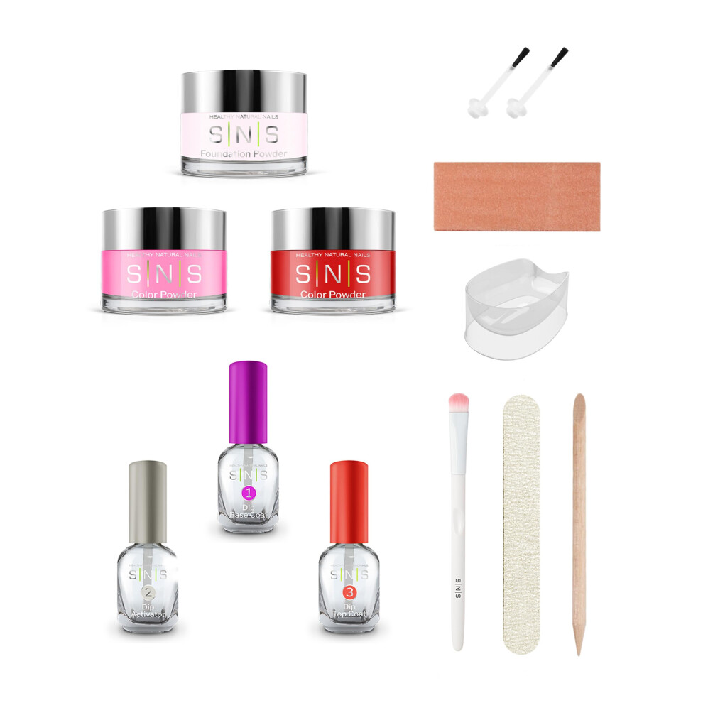 Sns Healthy Natural Sns Nail Dip Powder & Base Coat Nail Polish Dip Powder Starter Kit (Hot Pink & Red) - Includes Foundation Powder Dip Activator & Top Coat Repl Pink,Red