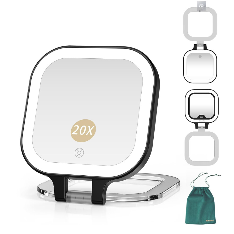 Mocado Light Compact Travel Makeup Mirror 1X/20X Magnifying Mirror With Double Sides Compact Mirror With 3 Color Dimmable Handheld Mirro