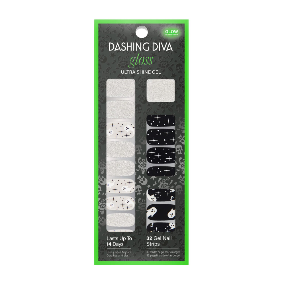 Dashing Diva Gloss Nail Strips - Ghostly Touch | Uv Free Chip Resistant Long Lasting Gel Nail Stickers | Contains 32 Nail Wraps 1 Prep Pad 1