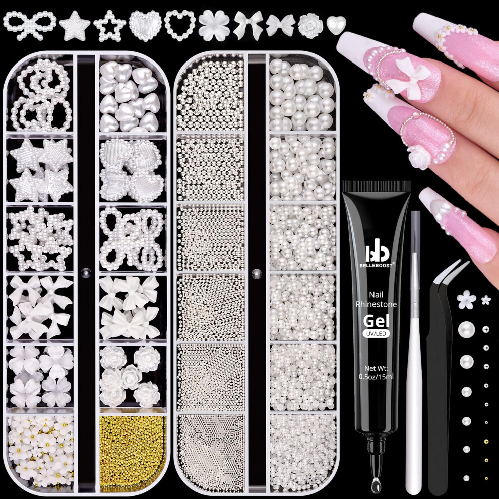 Belleboost Flatback Pearls And Metal Nail Beads With Rhinestones Glue Gel For Nail Art 3D Flowers Camellia Bows Mix Styles Pearl Nail Charms Round Caviar B