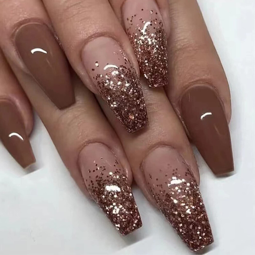 Sinhot Brown Coffin Press On Nails Medium Ballerina Fake Nails Glossy Glue On Nails Gradient Acrylic Nails With Glitter False Nails Designs 24 P