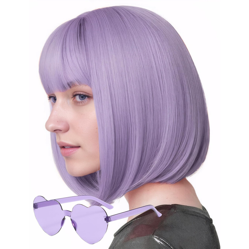Miuskatl Unisex Purple Wig And Sunglasses 12 Inch Short Bob Wigs With Bangs For Women Costume Cosplay Party (Purple)