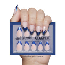 Harry Potter x Glamnetic Press On Nails - Corvinal | Unhas curtas de amndoa com ponta azul francesa Eagle Graphic em acabamento cromado e brilha