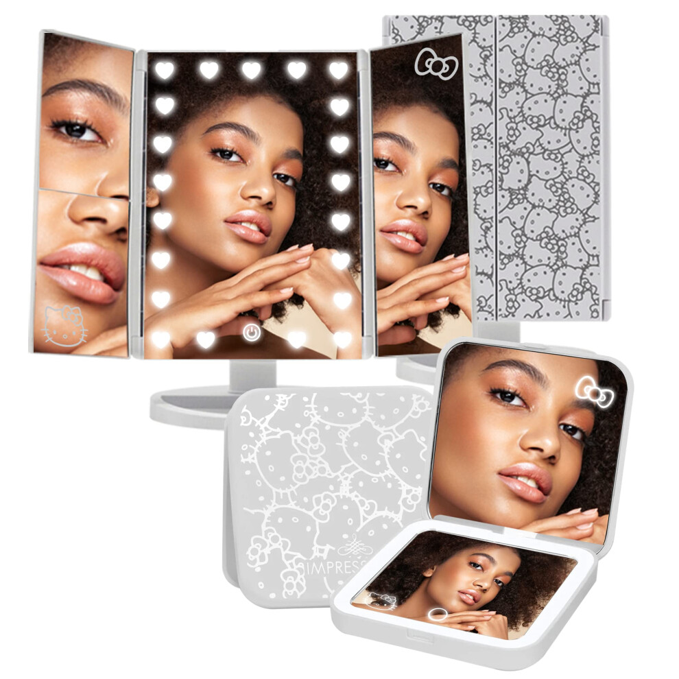 Impressions Vanity Hello Kitty Lighted Makeup Mirrors Bundle Supercute Trifold And Compact Mirror With Led Lights Magnification Touch Screen