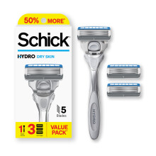Schick Hydro Dry Skin Razor 1 rakhyvel och 3 patroner | Rakhyvlar fr mn 5-bladsrakhyvlar herrhyvlar fr mn fr rakning Rakblad fr mn 1 handt