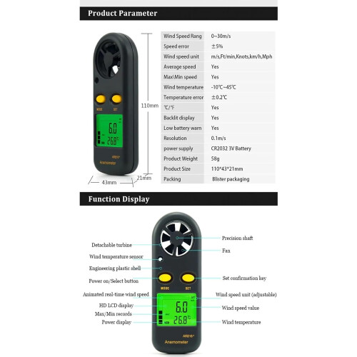 Digital Anemometer 0-30m/s Wind Speed Meter with LCD Backlight Display and Temperature Testing Function 1