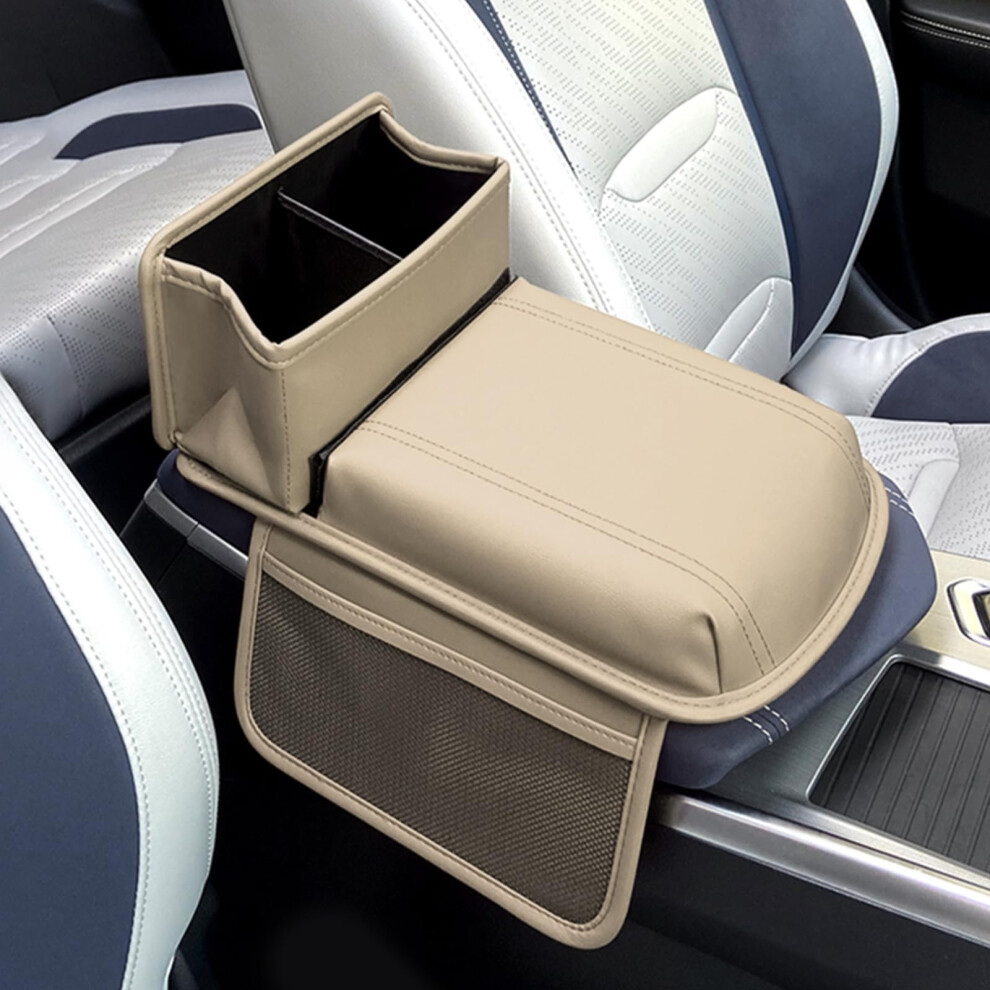 Car Armrest Cushion - Luxury Leather Center Console Cover With Cup Holder, Tissue Storage, Mesh Pockets For Suv/Truck Beige 6947110188683