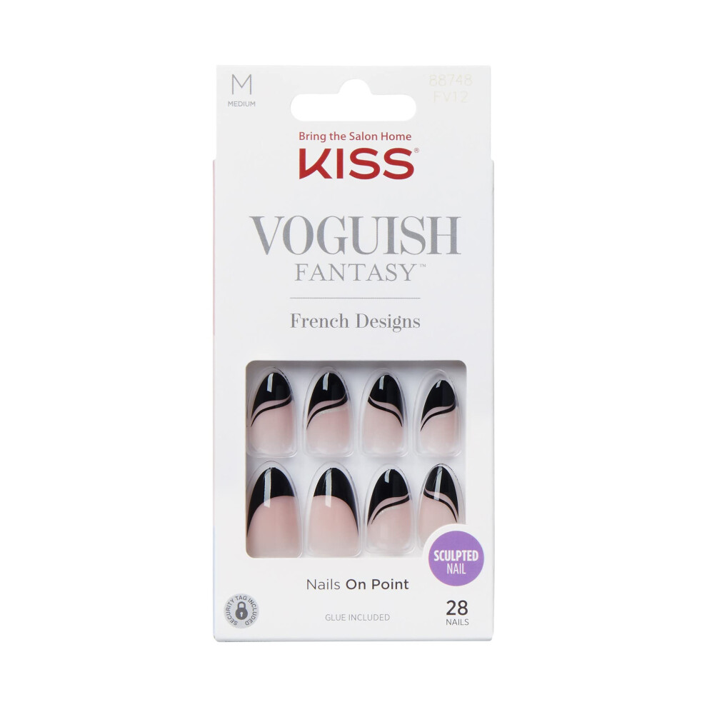 Kiss Black Voguish Fantasy Fake Nails - Magnifique, Fashion Acrylic Nails, Medium, Almond Shaped, Glossy, Dark Ready To Wear, No Damage/No Dry Time,