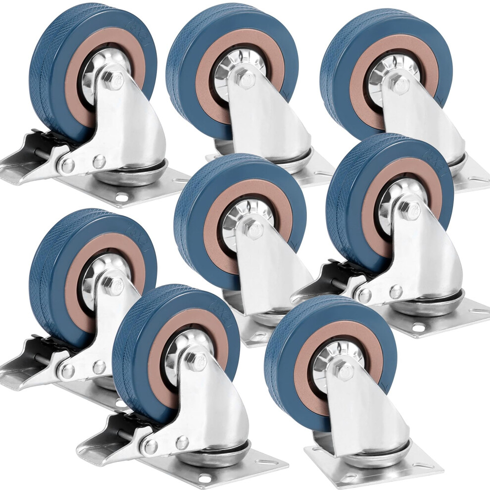 8 Pcs 3 Inch Gray Rubber Swivel Casters Wheels Set 440 Lb Heavy Duty Plate Casters With 4 Brakes For Carts Furniture Trolleys 6947110189369