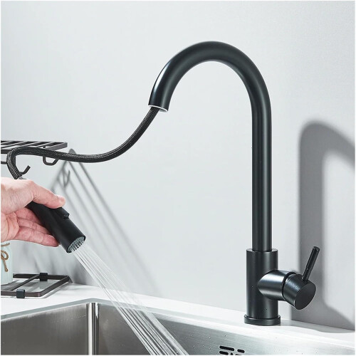 Pull-Down Kitchen Sink Faucet Dual Function Pull-Out Single Handle Gold Hot and Cold Water Mixing Tap 1