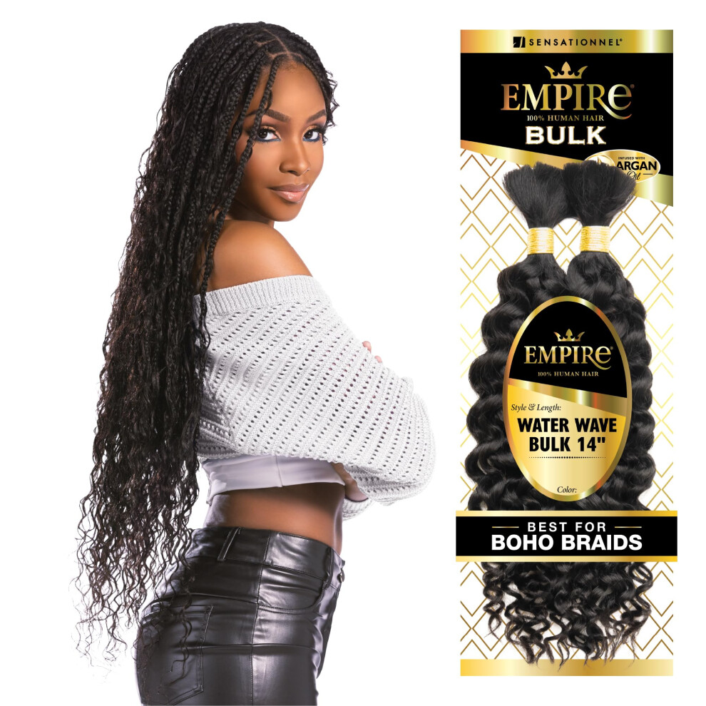 Sensationnel Empire Bulk Braiding - Water Wave 14 Inch Human Hair Braids For Knotless Boho Box Or Curly Loose Wave Styles (1B Offblack)