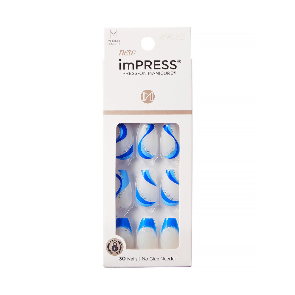 Impress Blue Kiss No Glue Mani Press On Nails Design Mesmerize' Medium Size Coffin Shape Includes 30 Nails Prep Pad Instructions Sheet 1