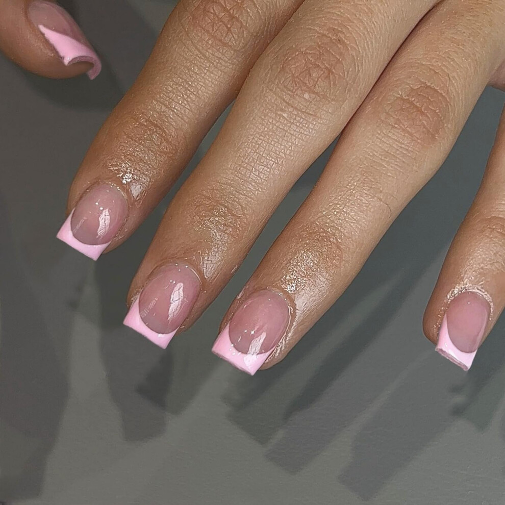 Sxvme Pink 30Pcs French Tip Press On Nails Short Square Nails Press Ons Short Fake Nails Coffin Acrylic Nails French Glue On Nails Short False Nails F