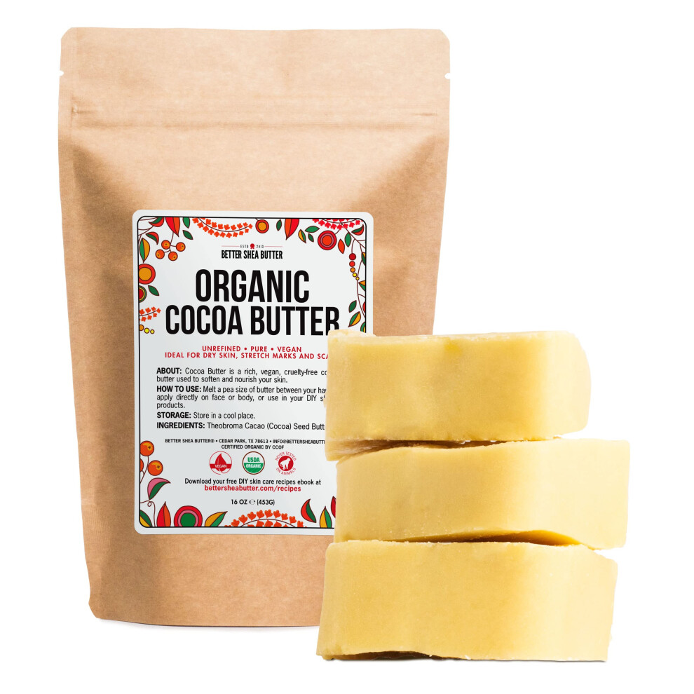 Better Shea Butter Organic Cocoa Butter Raw Unrefined - Food Grade Usda Certified - Cocoa Butter For Scars, Stretch Marks Cream - 100% Cocoa Butter Ra