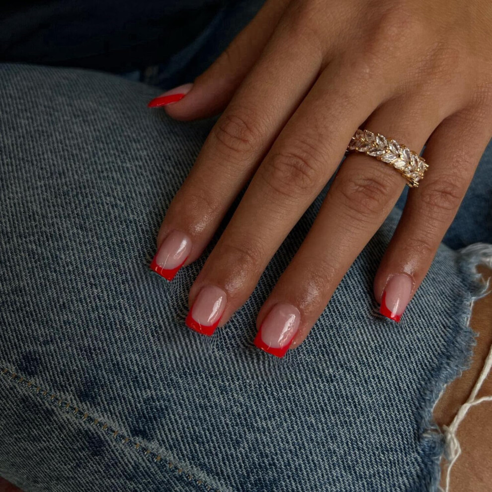 Sxvme Red 30Pcs French Tip Press On Nails Short Square Nails Press Ons Short Fake Nails Coffin Acrylic Nails French Glue On Nails Short False Nails Fo