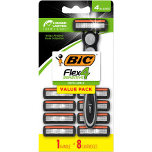 BIC Flex 4 Navulbare Scheermessen voor Mannen, 4 Bladen voor Gevoelige Huid, 1 Handvat en 8 Cartridges