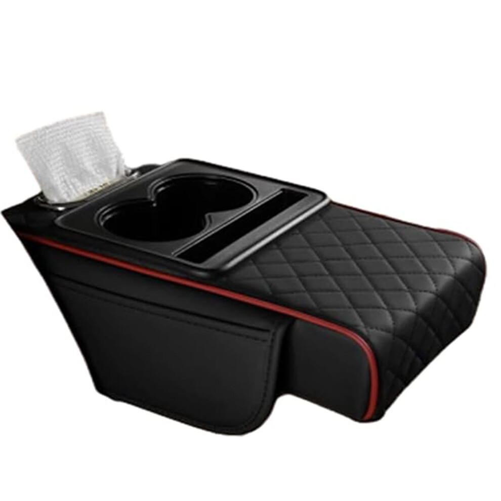 Integrated Pressurized Multifunctional Car Armrest Heightening Pad With Cup Holders, Phone Slot, Comfortable Cushion Black/Red 6947110189635