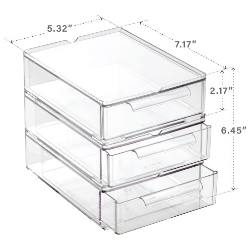 BINO | Clear Stackable Storage Drawers Small - 3 Pack | Clear Storage Drawers with Built-In Handles | Durable Plastic Organizer Drawer | Modular Sta 1