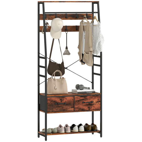 Homcom (Brown) HOMCOM Coat Rack with Shoe Storage, Bench and 10 Hooks 1