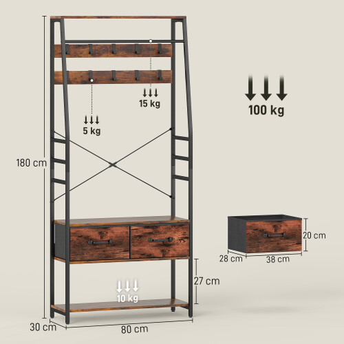 Homcom (Brown) HOMCOM Coat Rack with Shoe Storage, Bench and 10 Hooks 2