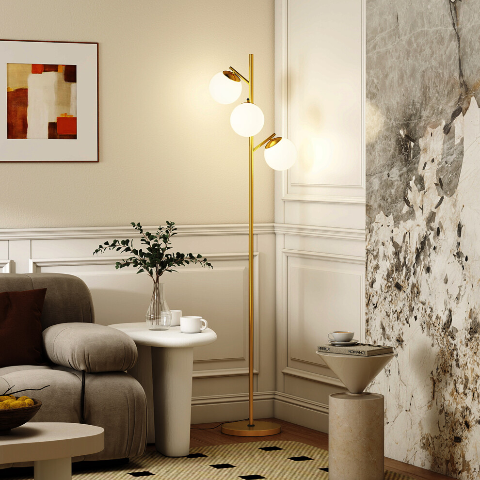 HOMCOM 3-Light Tree Floor Lamps 3000K/4000K/6000K Colour Temperature Gold | for Living Room, Modern Standing Lamp for Bedroom, Globe Lampshade, Steel Base - Image 3