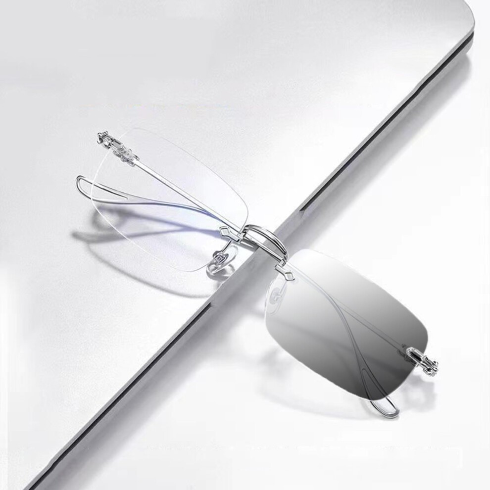 Vintage Rimless Photochromic Reading Glasses for Unisex, Blue Light Blocking Transition Eyewear for Outdoor Use