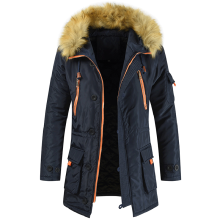 (Navy, 3XL) Mens Coat Trench Fur Hooded Winter Warm Parka Outdoor Jacket Overcoat Outwear