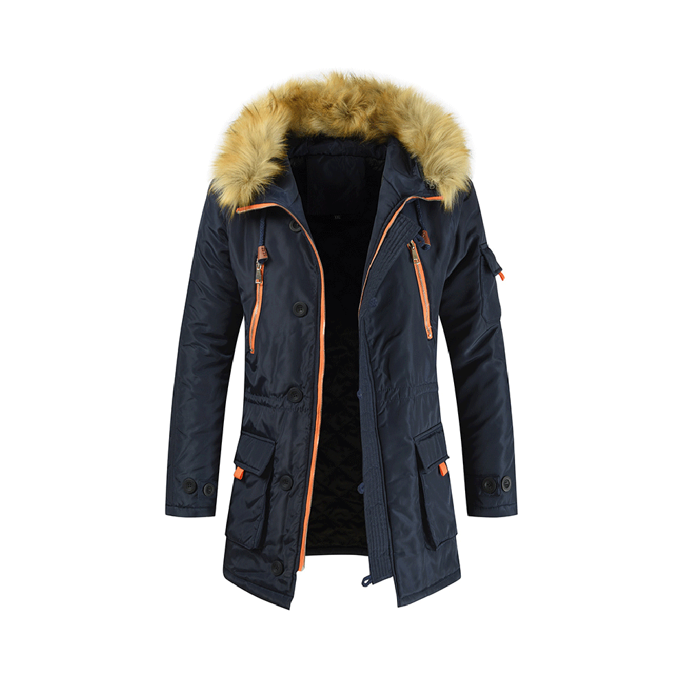 (Navy, 3XL) Mens Coat Trench Fur Hooded Winter Warm Parka Outdoor Jacket Overcoat Outwear Blue