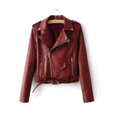 (Wne, XXL) Women Solid Color Slim Fit Casual Basic Motorcycle Style Zipper Leather Jacket