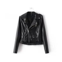 (Black, L) Women Solid Color Slim Fit Casual Basic Motorcycle Style Zipper Leather Jacket