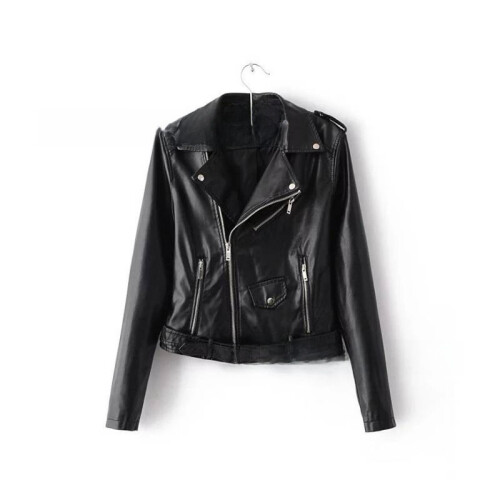 (Black, L) Women Solid Color Slim Fit Casual Basic Motorcycle Style Zipper Leather Jacket