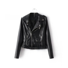 (Black, 3XL) Women Solid Color Slim Fit Casual Basic Motorcycle Style Zipper Leather Jacket
