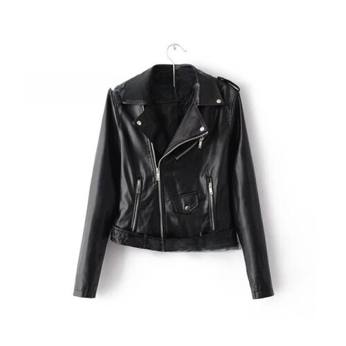 (Black, 3XL) Women Solid Color Slim Fit Casual Basic Motorcycle Style Zipper Leather Jacket