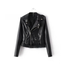 (Black, XL) Women Solid Color Slim Fit Casual Basic Motorcycle Style Zipper Leather Jacket
