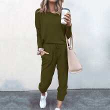 (ArmyGreen, M) Women Tracksuit 2pcs Set Ladies Solid Color Top Hoodies Loungewear Pants