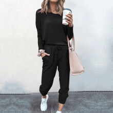 (Black, M) Women Tracksuit 2pcs Set Ladies Solid Color Top Hoodies Loungewear Pants