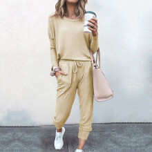(Beige, M) Women Tracksuit 2pcs Set Ladies Solid Color Top Hoodies Loungewear Pants