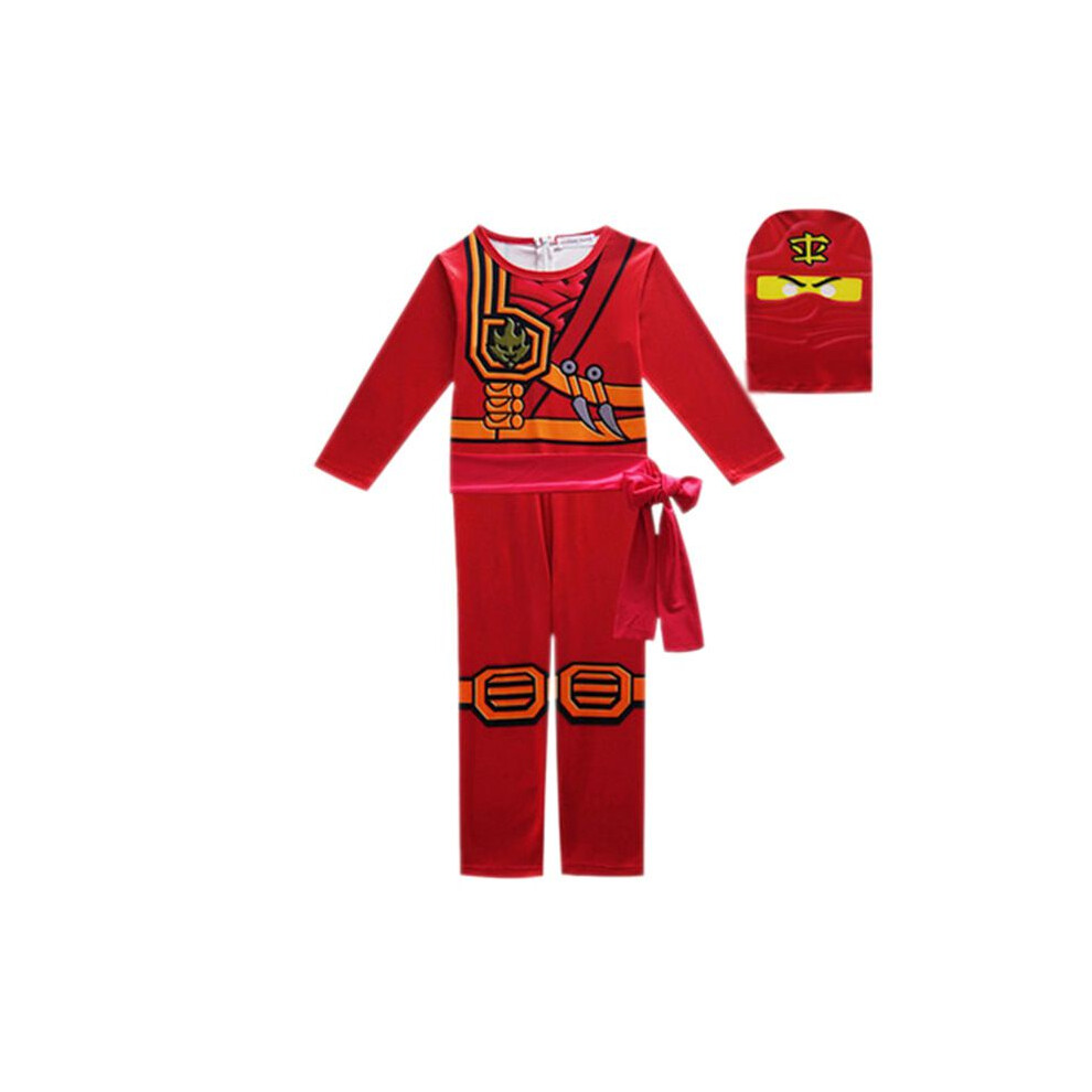(, 130Cm) Kai Ninjago Kids Jay Cosplay Glove Hat Jumpsuit Set Clothes Party Halloween Red