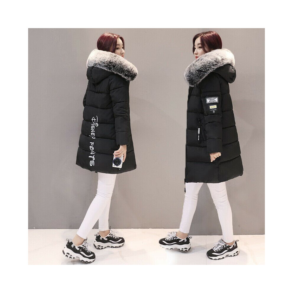 (Black, 2XL) Warm Winter Women Long Jacket Fur Hooded Parka Ladies Coat Outwear Collar