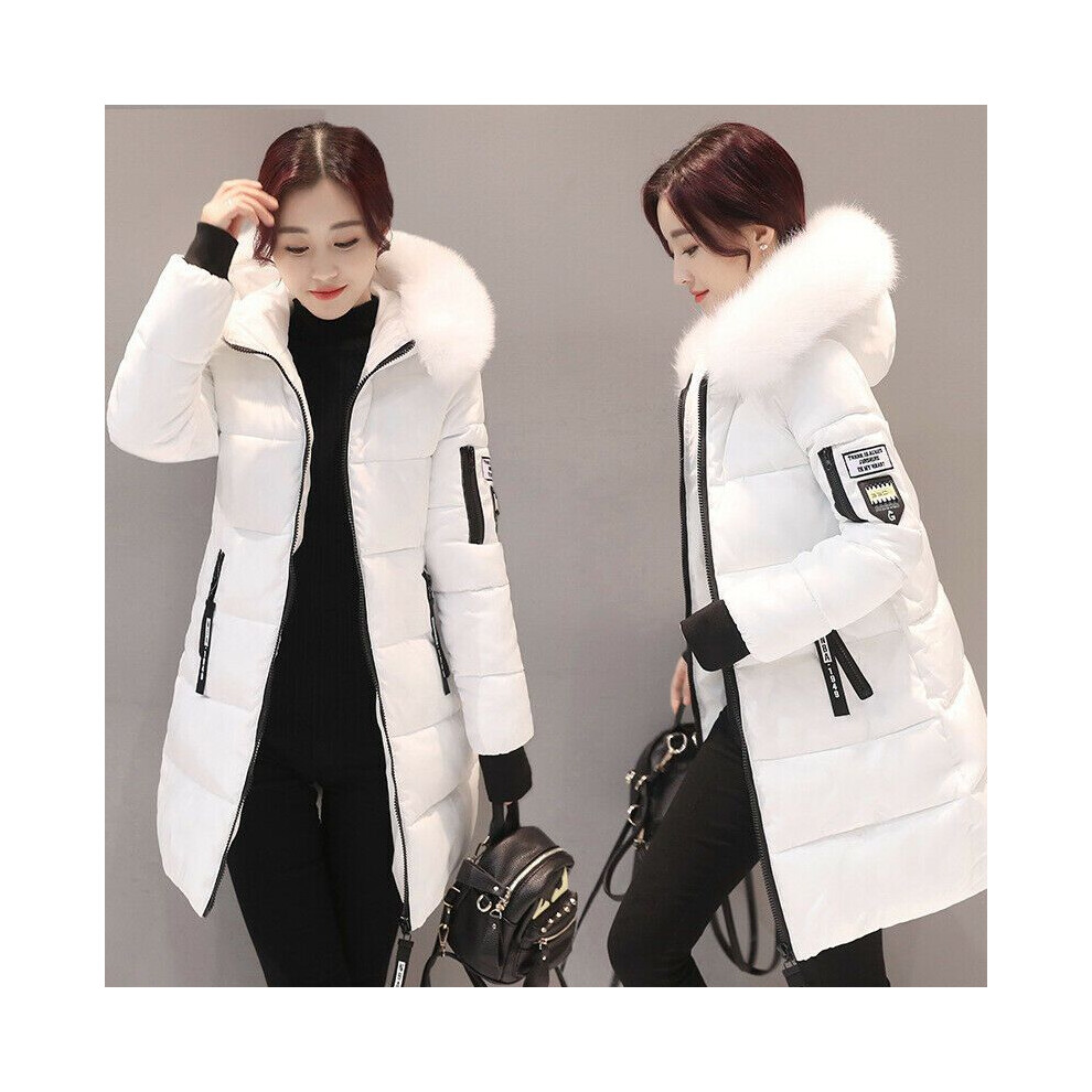 (White, XL) Warm Winter Women Long Jacket Fur Hooded Parka Ladies Coat Outwear Collar