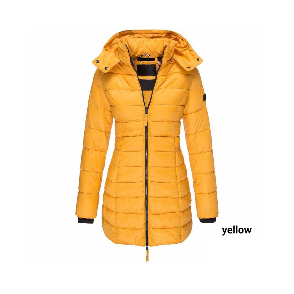 (Yellow, M) Warm Womens Winter Collar Hooded Long Coat Zipper Jacket Parka Outwear