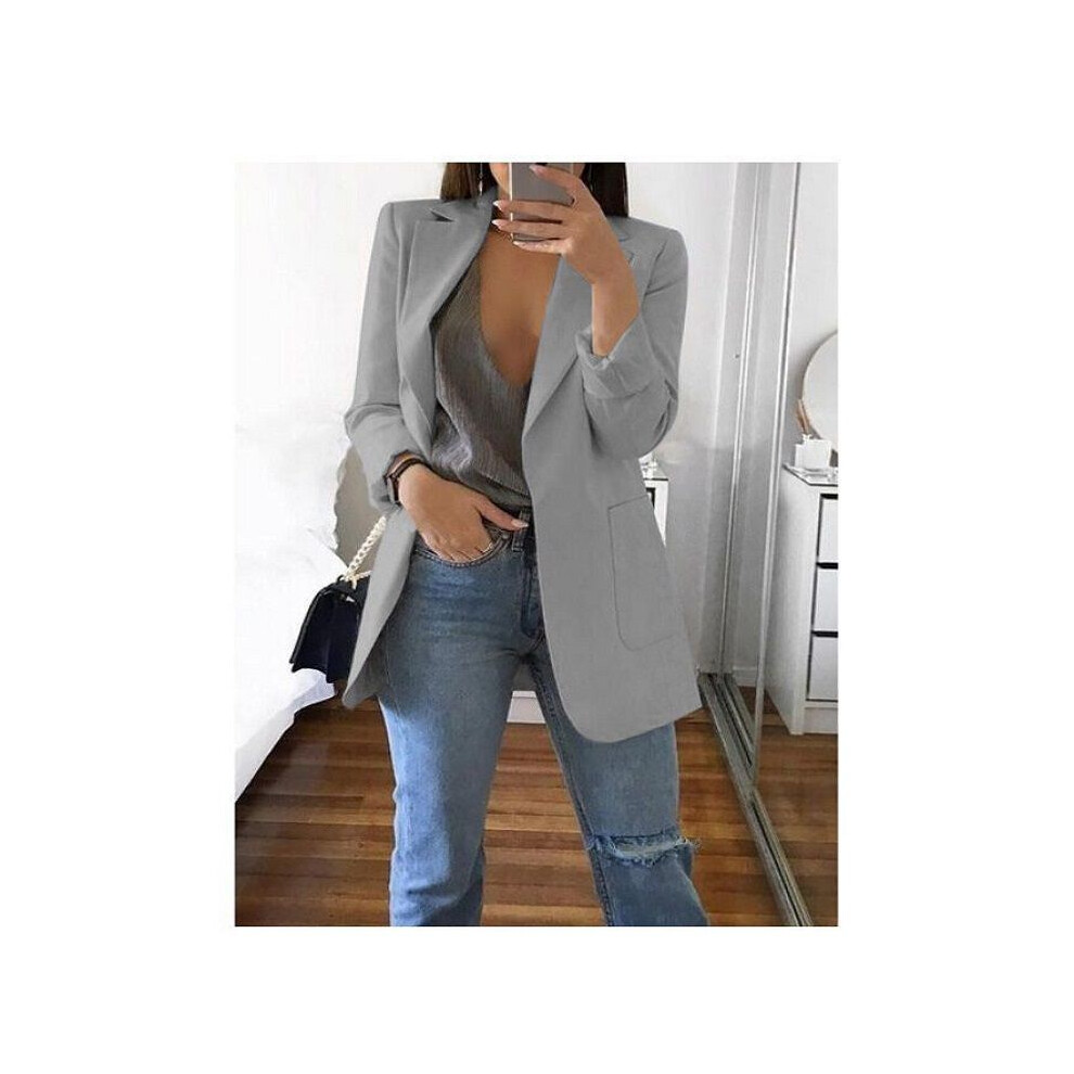 (LightGrey, L) Lapel Loose Women Turndowncollar Long Sleeve Casual Women Blazer Outwear