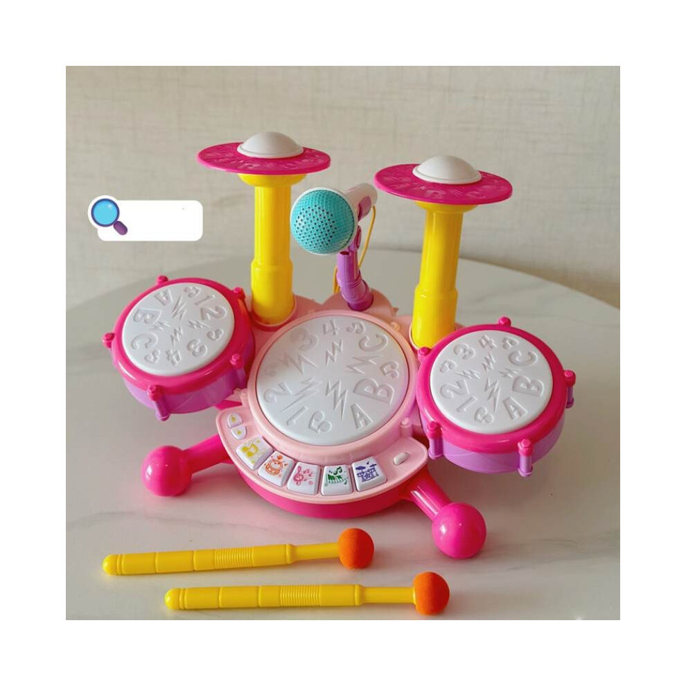 (Pink) Drum Kids Electric Kits Baby Musical Instruments Cute Microphone Gifts Toys