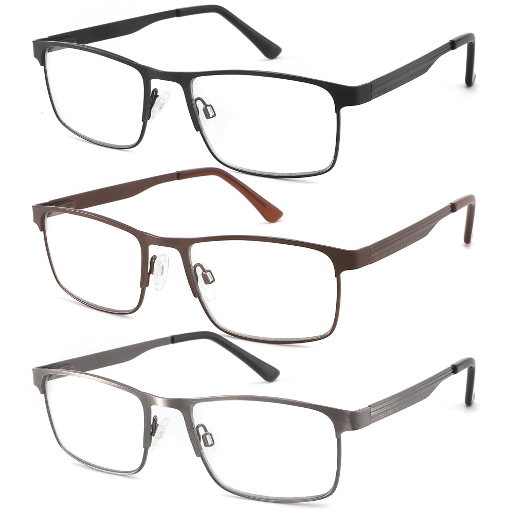 Blue/Light 3 Pack Reading Glasses For Men Full Metal Frame Blocking Computer Readers Spring Hinge +1.25 Strength Anti Eyestrain