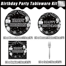 96pcs Black and Silver Birthday Plates and Napkins Set Black and White Happy Birthday Party Decorations