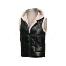 Men's Winter Hooded PU Leather Vest Casual Warm Jacket with Fur Sleeveless Solid Waistcoat