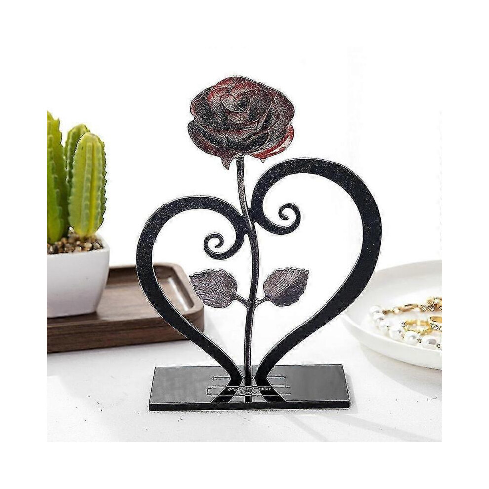 Cadeau Rose En MéTal Rouge En Fer Forgé Avec Support En Forme De Coeur-image