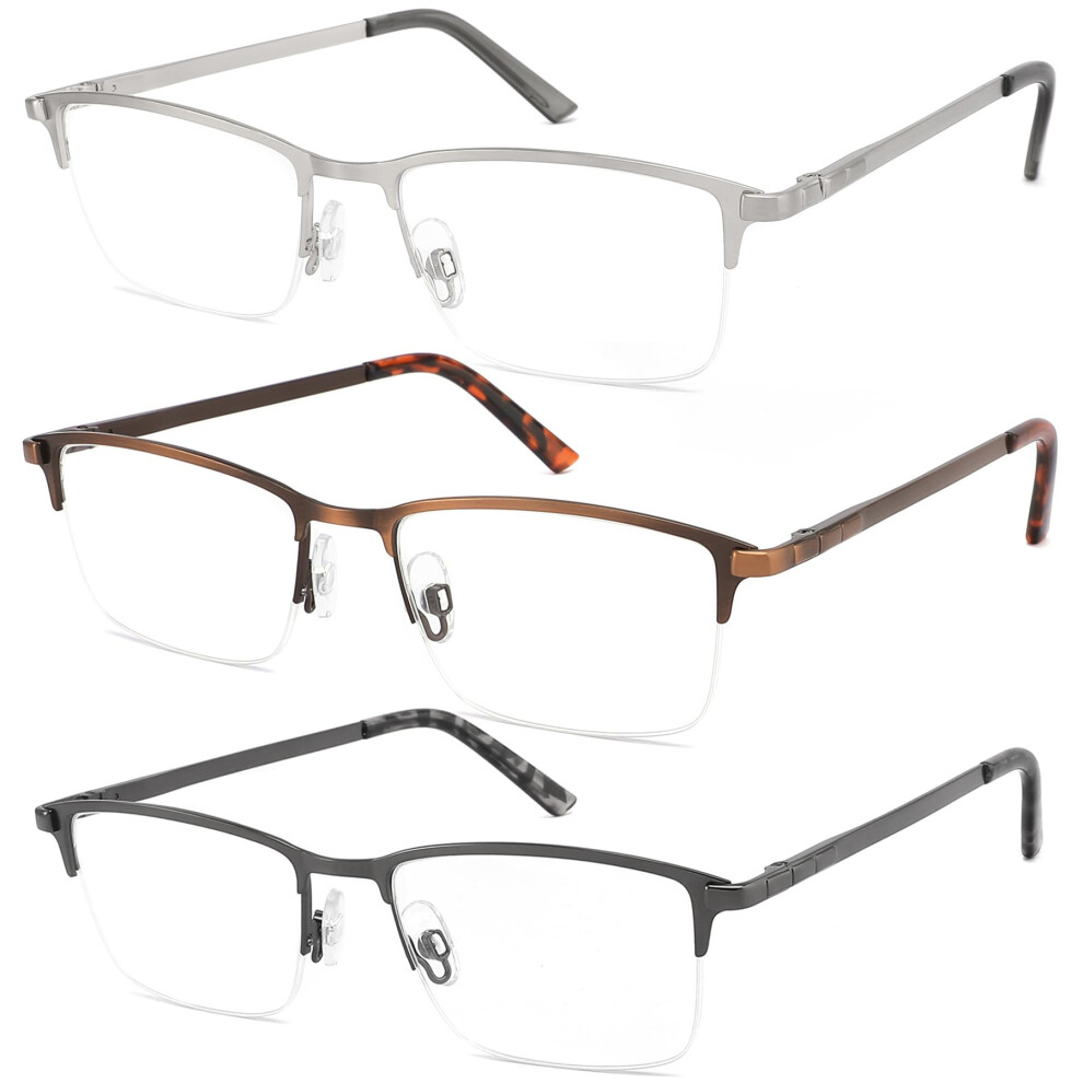 3-Pack Reading Glasses for Men Blue Light Blocking Metal Half Frame Semi Rimless Eyeglasses in Fashion Styles